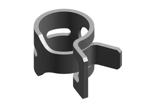 Schwarze Schlauchklemme von Bosch, die zur Befestigung von Schläuchen verwendet wird. Sie hat eine runde Form mit einer seitlichen Halterung für sicheren Sitz.